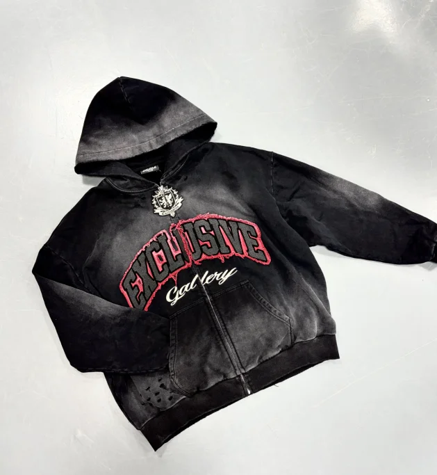 SALATI High Quality Custom Streetwear Zip up Jacket Heavyweight Vintage Acid Wash Distressed Applique Embroidery Boxy Hoodie Men gallery 4