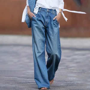Spring 2024 Solid Color Full Length Distressed Wide Leg Pants Denim Loose High Waist Pockets Washing Zipper Fly Women Jeans