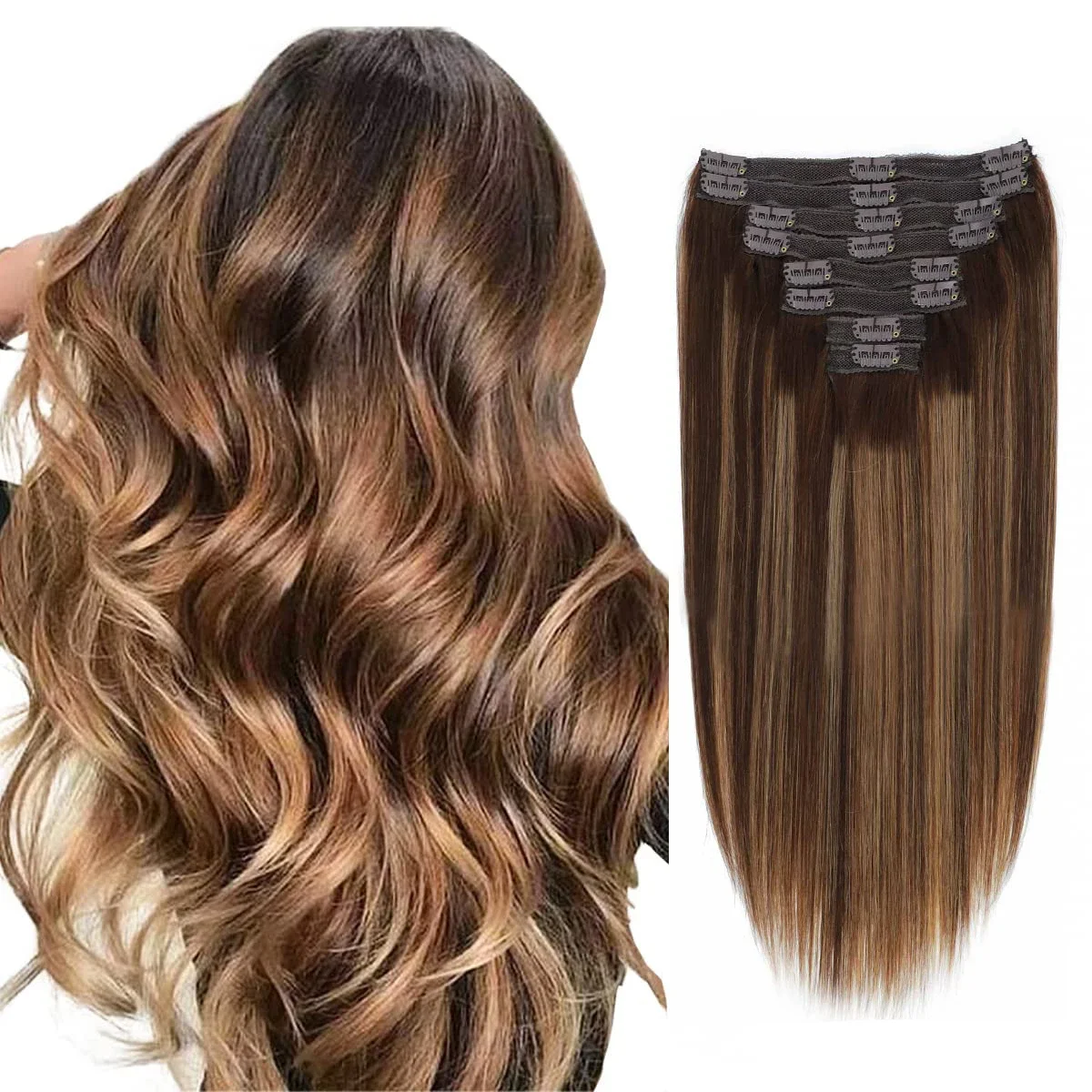 Extensions de cheveux raides à clipser Cheveux humains P4/27 Coiffure Postiche Tête complète Naturel 18 clips_voghion.com