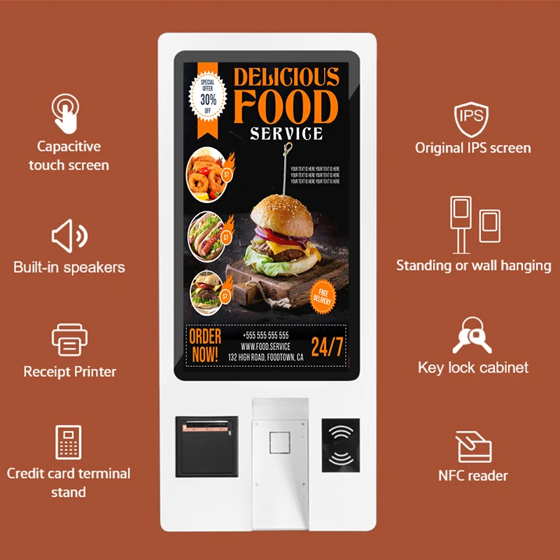 Slim and Durable Wall-Mounted Self-Order Kiosk with Anti-Glare Display, Secure Payment and Cloud-Based Menu Management