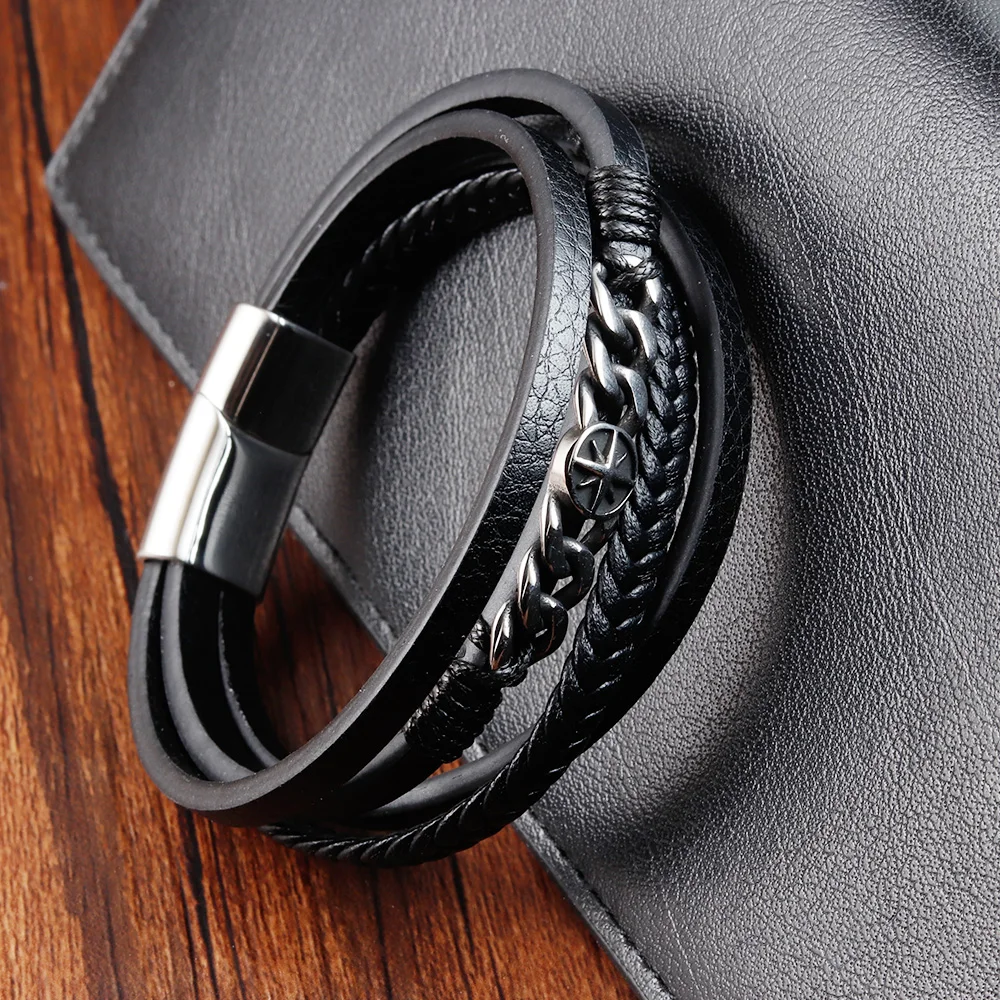 OEM/ODM Black Leather Bracelet for Men - Stainless Steel Magnetic
