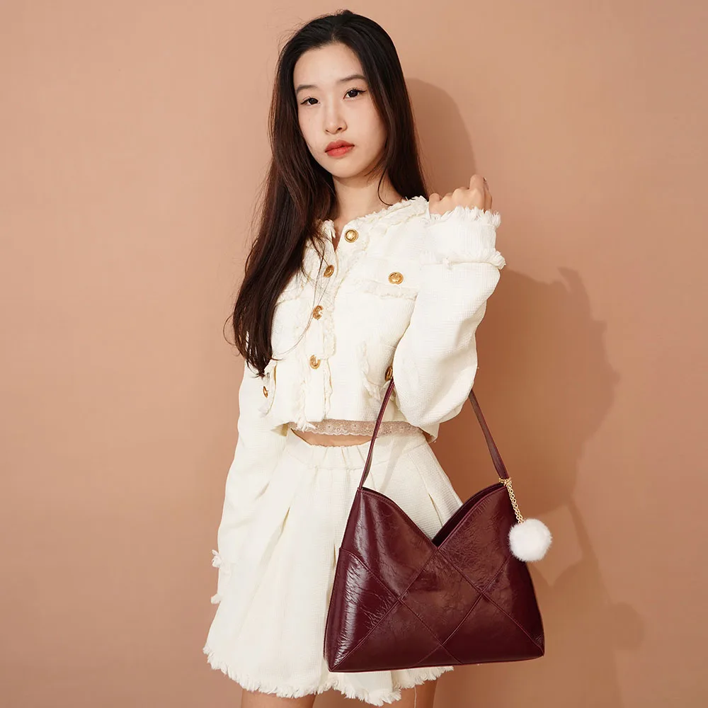 New Vintage INS Style Ladies Genuine Cow Leather Tote Bag Handbags with String Closure for Women and Girls