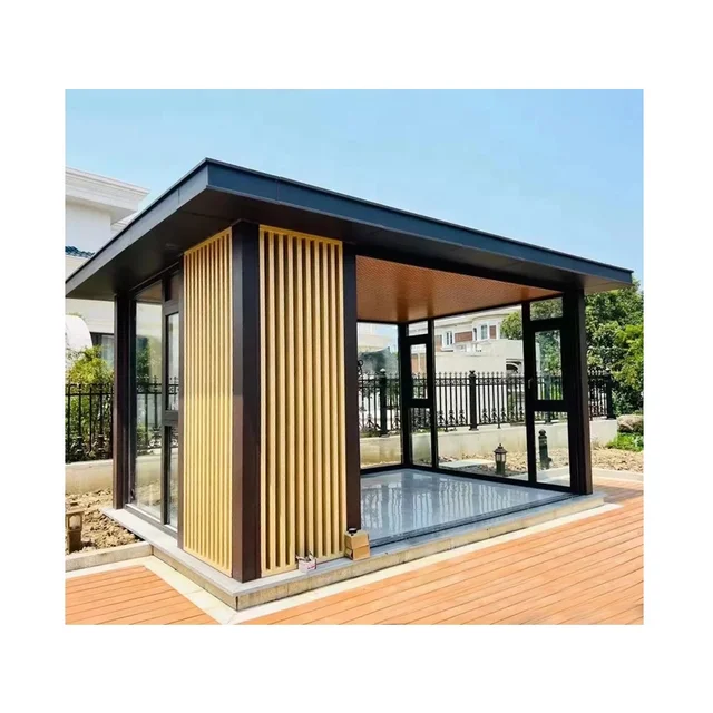Leisure pavilion building with open small installation, simple and sturdy steel frame