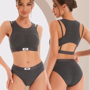 Fashion Cotton Sexy Hollowed-out Beautiful Back Sports Bra Suit With Removable Cup Anti-exposure Bra Without Crotch Underwear.