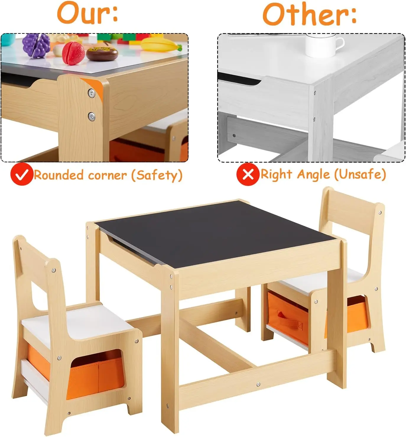 Detachable Sensory Table and Chair Set for Children, 3 in 1 Wooden Toddlers Drawing Table with Storage Drawers