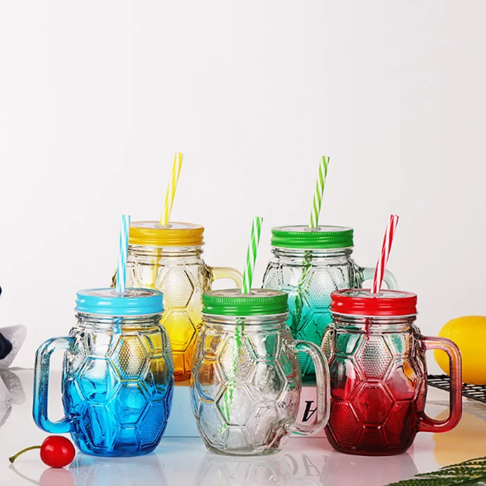 500ml Gradient Color Football Shape Water Mason Glass Jar With Handle