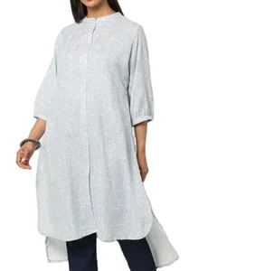 Women's Custom Islamic Geometric Pattern Balloon Sleeve Breathable Quick Dry Long Shirt Printed High-Low Straight Kurta Blouses
