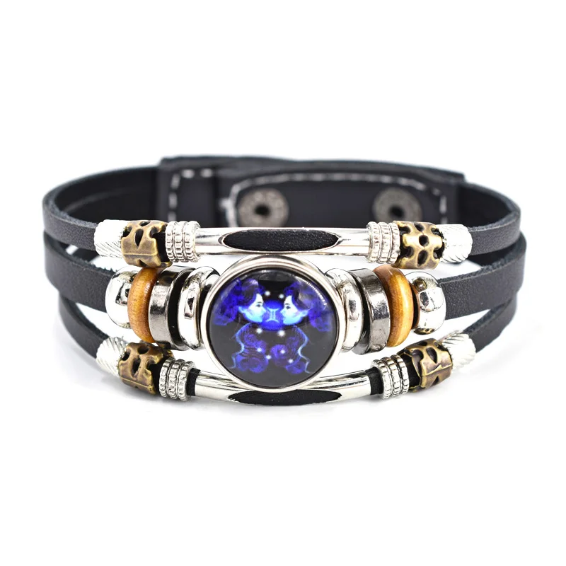 Three Layer Button 12 Horoscope Symbol Pattern Leather Weaving Adjustable Bracelet for Teenager ZU035