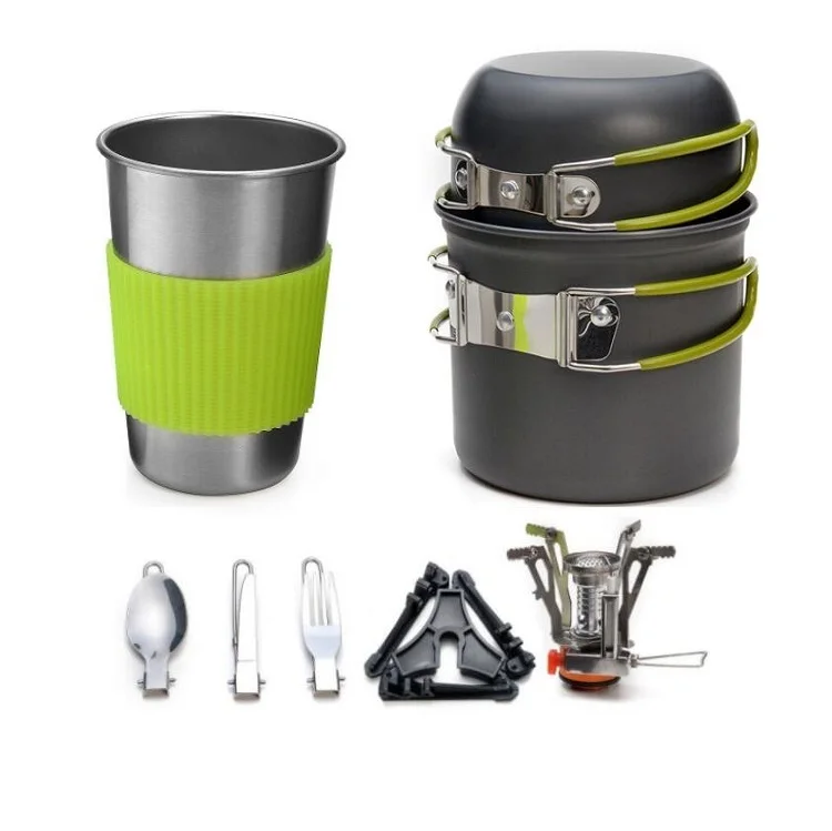 Outdoor Portable Tableware Set Camping Pan Pot Cookware Set With Stove Canister Stand Tripod Stainless Steel Cup