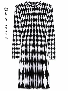 Women's O-Neck Black and White Contrast Casual Midi Dress Microfiber Material Eco-Friendly & Breathable