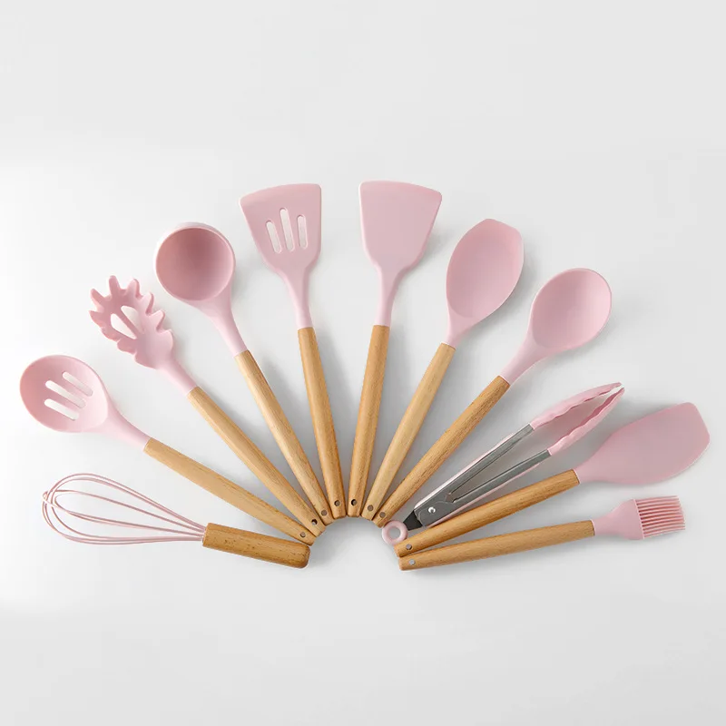 Hot Sale 11Pcs Cute Non Toxic Food Grade Wooden Handle Kitchen Utensils Gadgets Tools Set Silicone Cookware Cooking Utensils Set