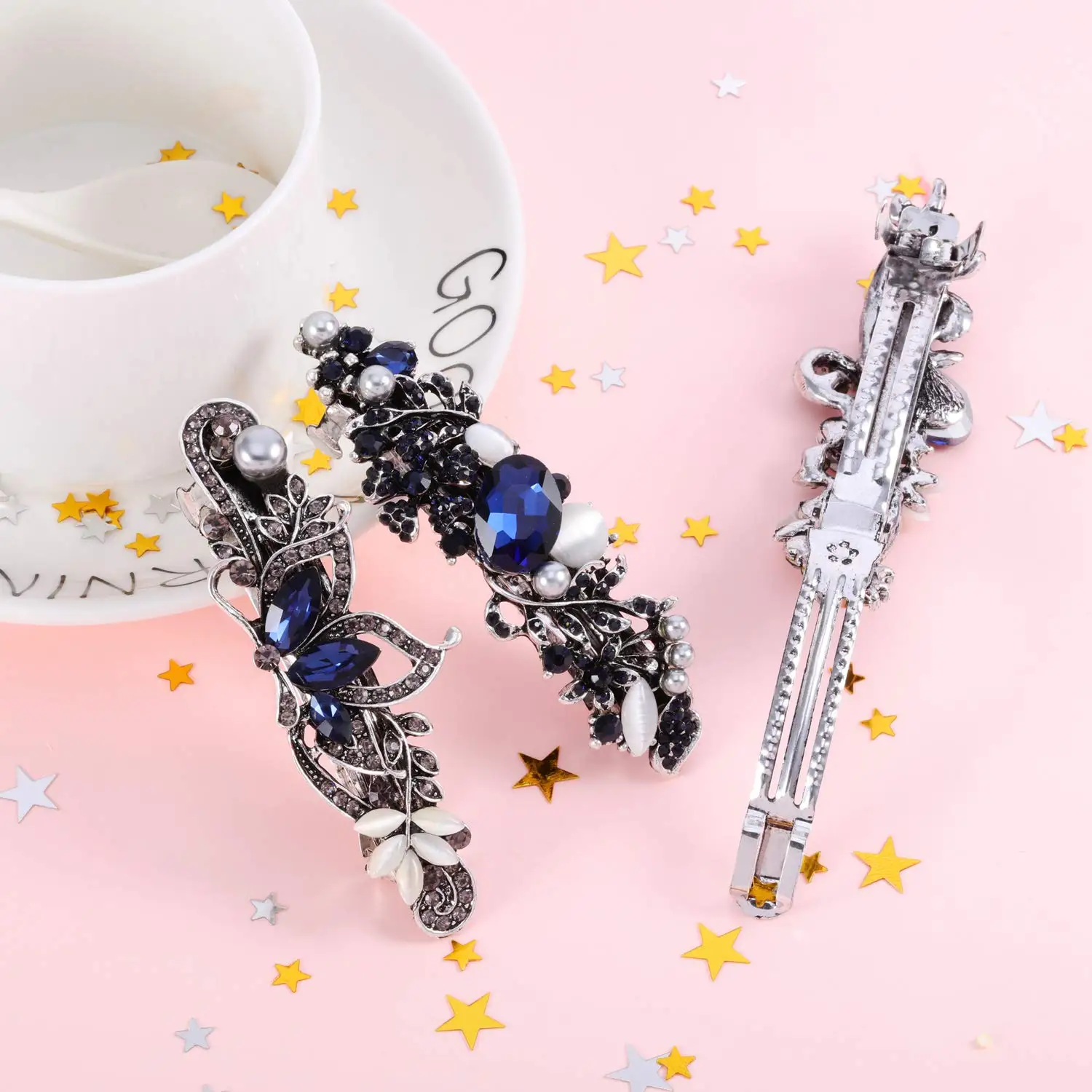 TseenYi Barretta Per Capelli Con Cristallo Blu E Fiore Farfalla – Fermaglio Francese In Oro, Accessorio Da Sposa E Donna - 4
