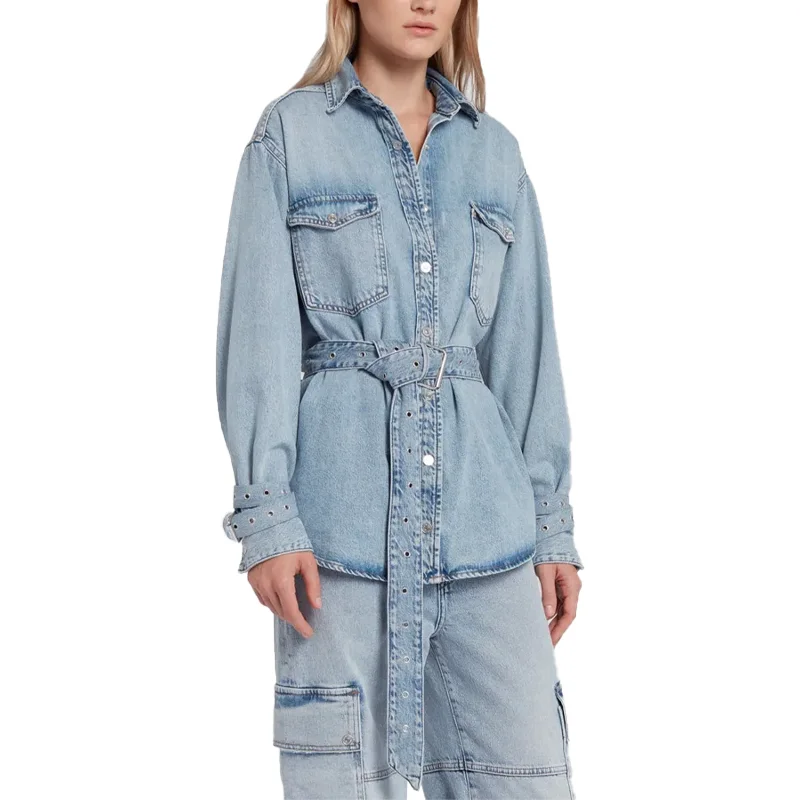 Mărfuri în vrac, nouă modă, stil casual, bluze lungi din denim, oversize, largi, cu mâneci lungi, confortabile, cu centură pentru femei