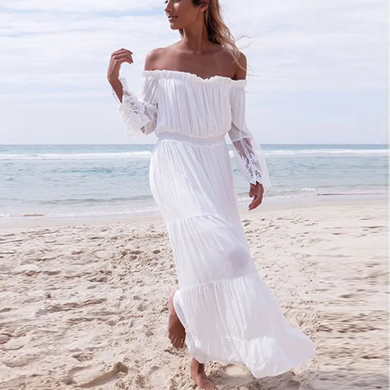 Aliexpress New Style Women Long Sleeve Dress Boho Beach White Lace Off  Shoulder Dress