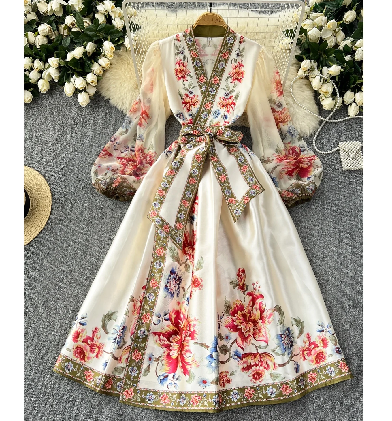 Vintage Empire Waist Midi Dress For Women  Floral Digital Print, A-line, Loose Fit, Summer
