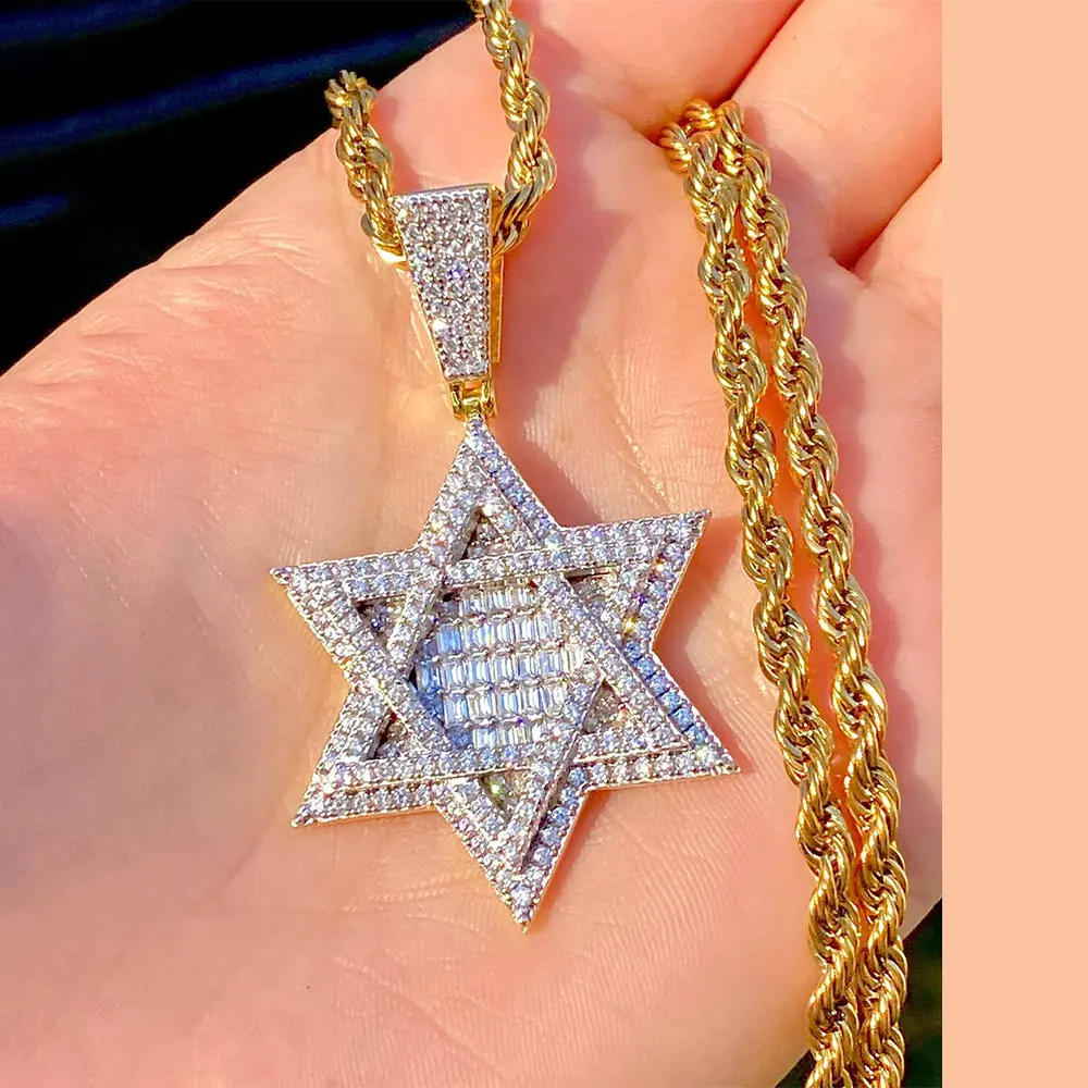 Full Zircon Star Shape Pendant Mens Necklace Ice Out Baguette Cz north Pendant Gold Hip Hop Star Necklace
