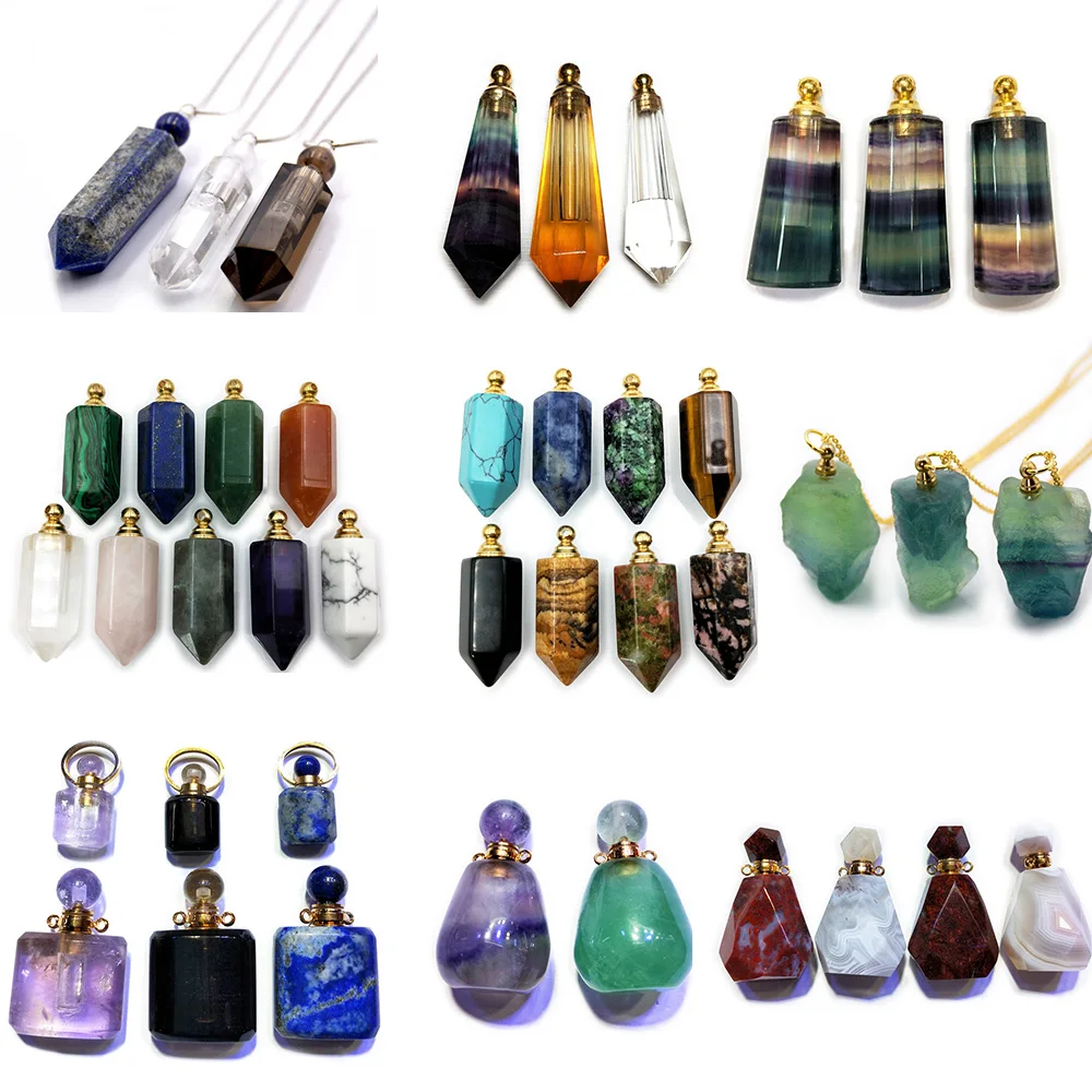 Wholesale Bulk Natural Crystal Gemstone Amethyst Essential Oil Diffuser  Lapis Lazuli Real Quartz Perfume Bottle Necklace Pendant