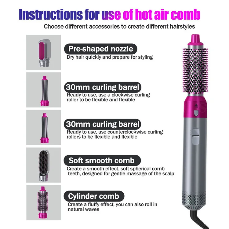 Professional Hair Dryer 5 In 1 Hair Styler Blow Dryer Comb Hot Air Brush Electric Curling Iron Hair Straightener Styling Tools