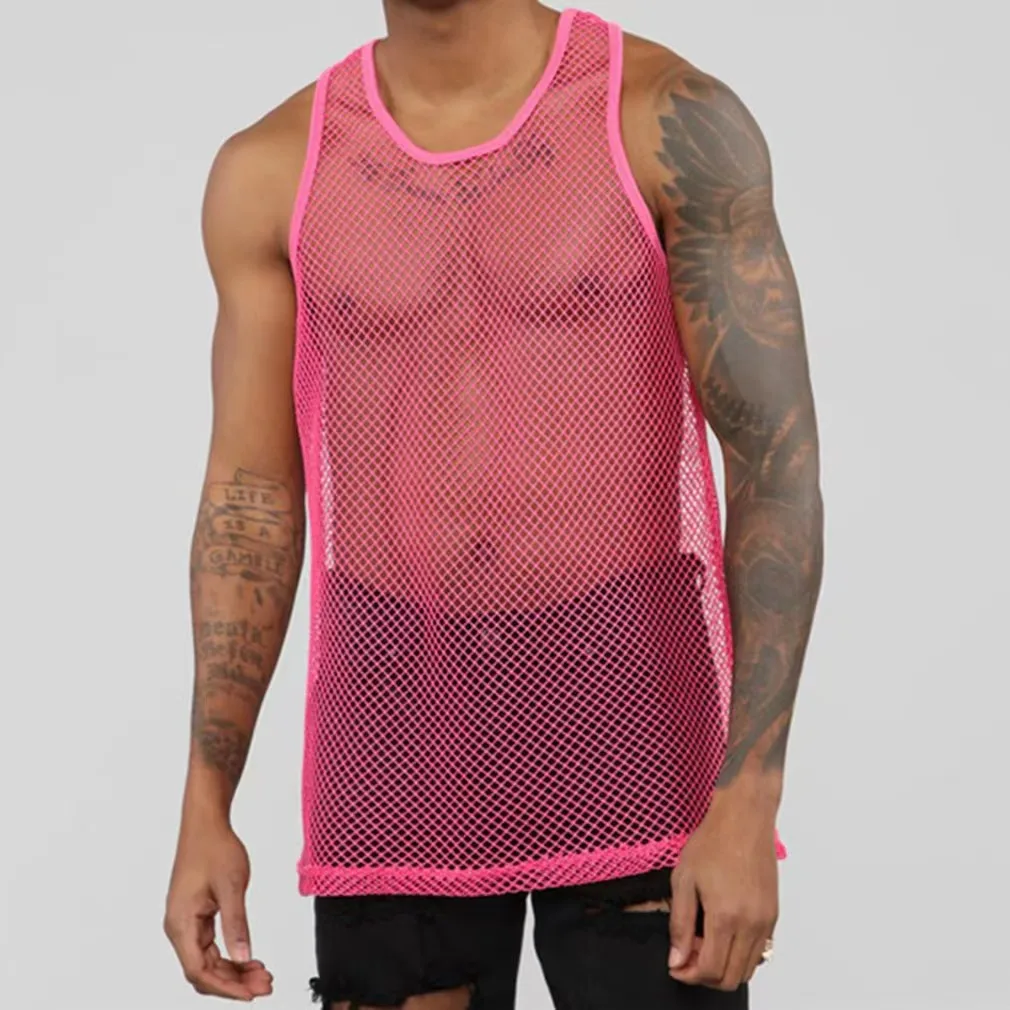 Custom mens see through mesh sleeveless t-shirt muscle tee tops workout underwear vest mesh sleeveless fish net tank tops