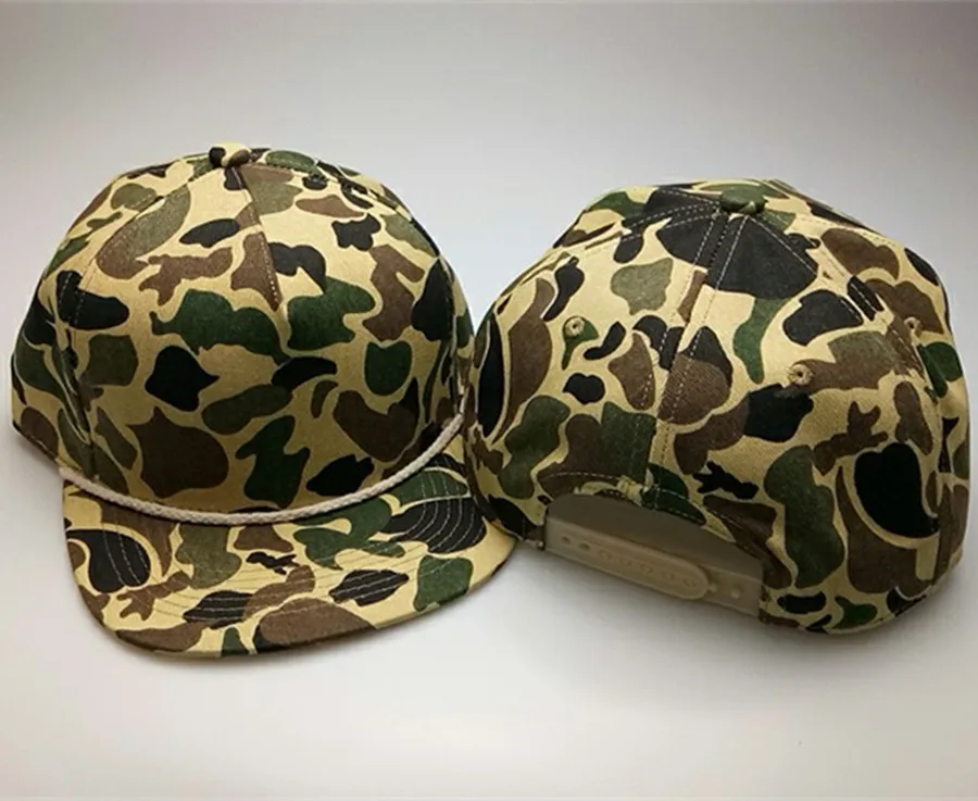 High Quality Custom Blank 5 Panel Camo Snapback Cap With Rope