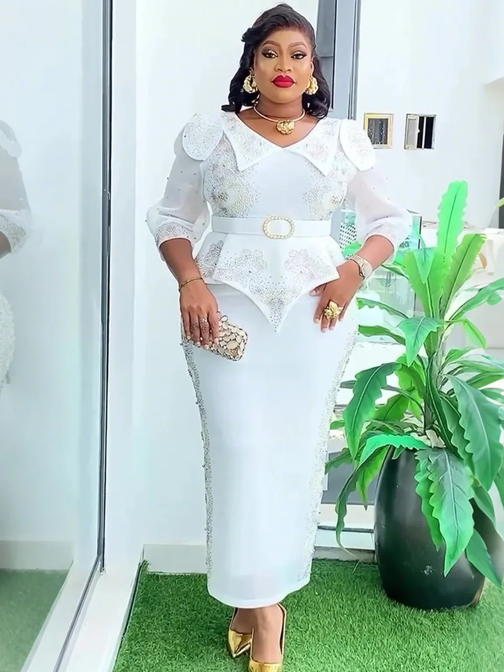 2025 Lady Plus Size Christmas Evening Dress Africa Women's Rhinestone Party Maxi Dress Bodycon Silhouette in Chiffon Fabric 2025 Lady Plus Size Christmas Evening Dress Africa Women's Rhinestone Party Maxi Dress Bodycon Silhouette in Chiffon Fabric