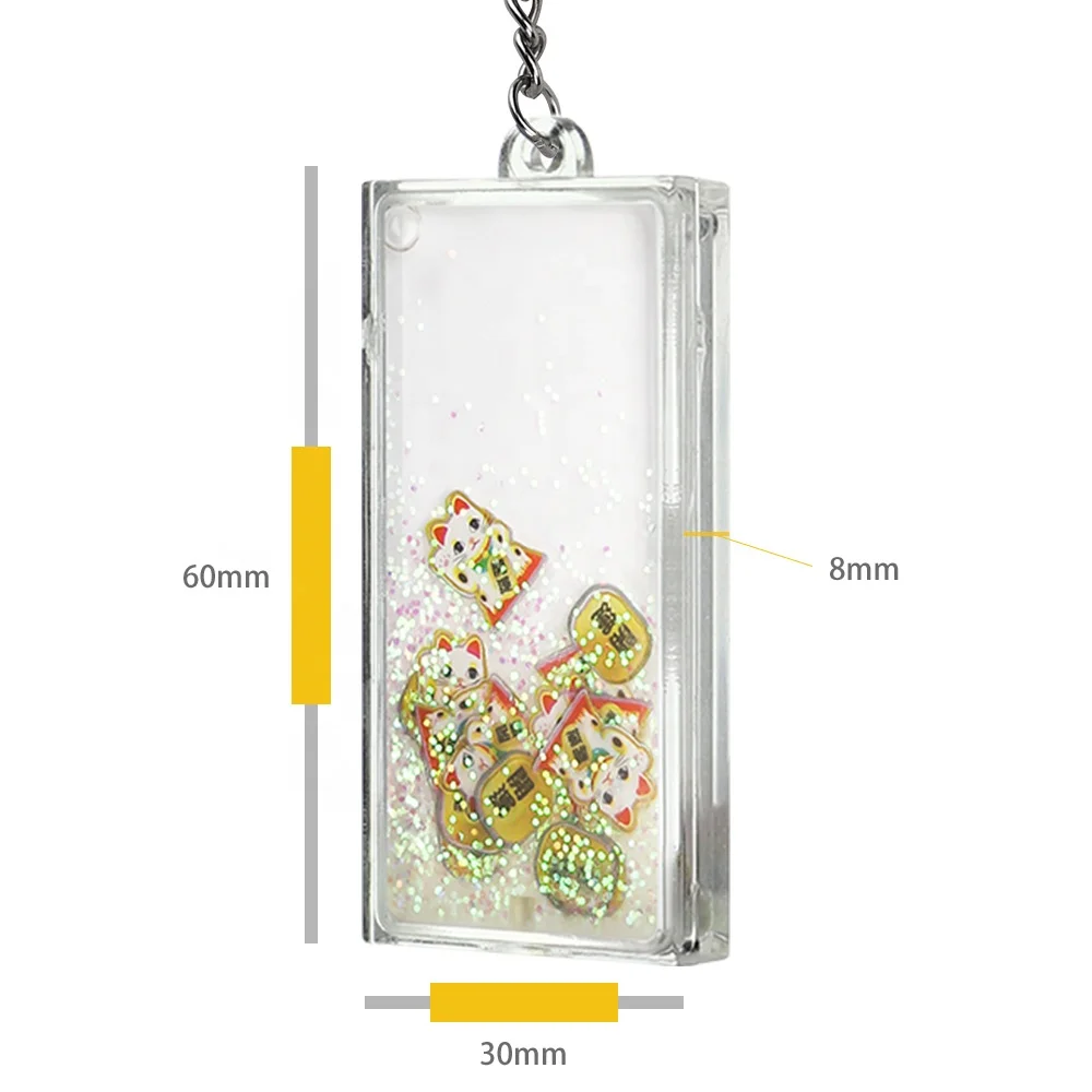 Custom Rectangle Empty DIY Acrylic Quicksand Floating Liquid Filled Oil Flower Water Sea Sand Glitter Snow Powder Name Keychain