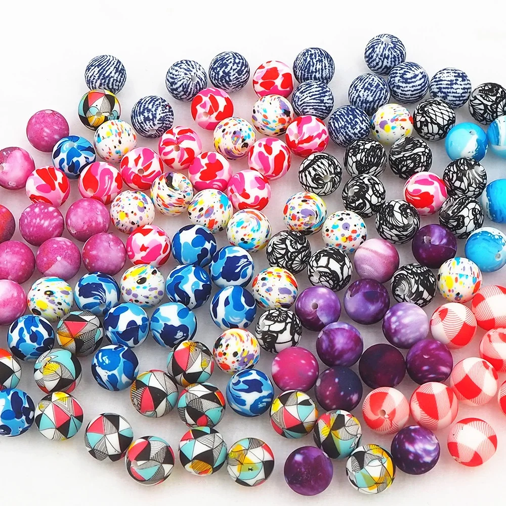 New Custom Printing Beads Making DIY Jewelry Bracelet Used on Pen Round 15mm Printed Silicone Bead Wristlets