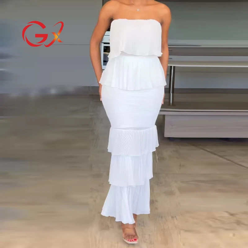 GX8567 Fashion Women's Sleeveless Tube Ruffle Long Party Dress Multi-layer  Cake Design Sexy Tight Fit Elegant Evening Dresses