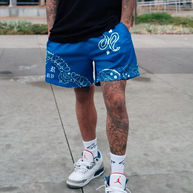 Designer Cropped Fit Polyester Mesh Basketball Shorts Custom Summer Basic plus size Men's printed Paisley Shorts941_voghion.com