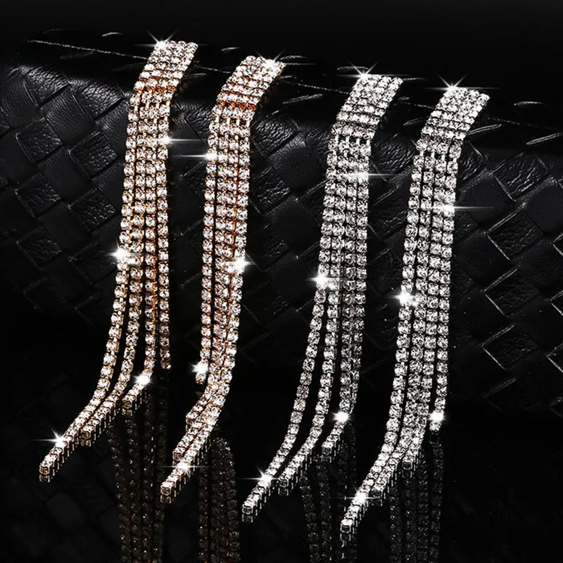 New Luxury Rhinestone Crystal Long Tassel Earrings For Women Party