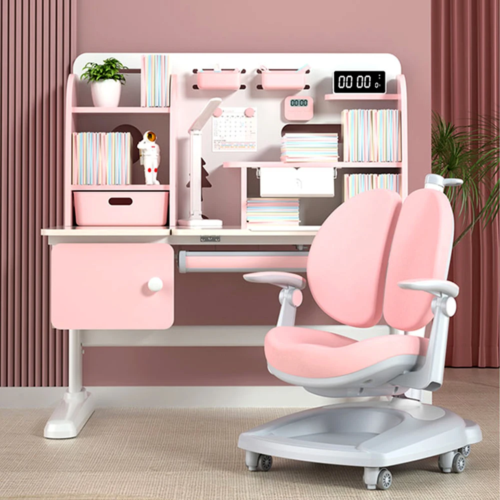 2023 New Height Adjustable Kids Desk Home School Furniture Ergonomic Set Children Study Table and Chair with Bookcase