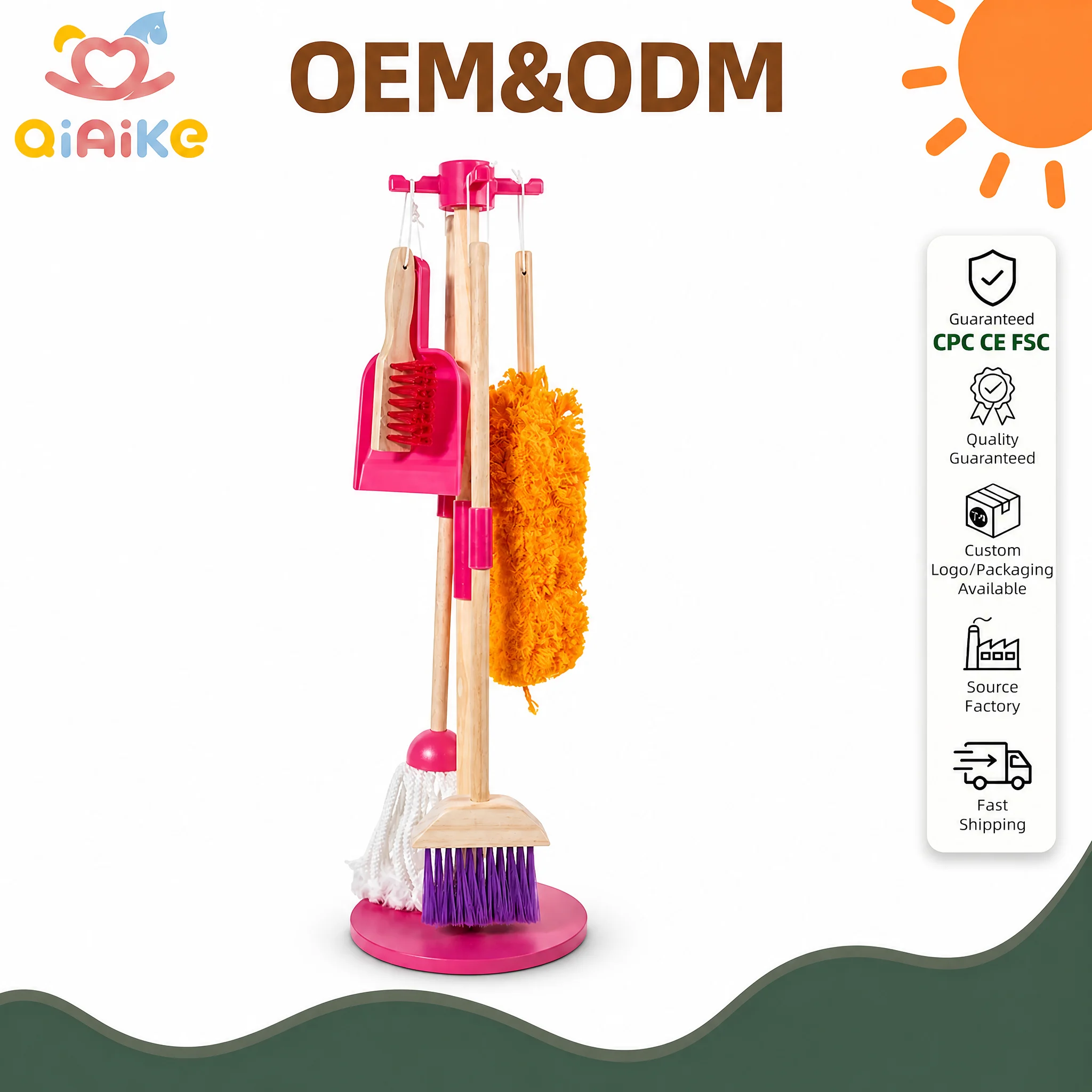 Grosir Set Pembersihan Kayu — Mainan Berpura-pura Bermain, Kit Bermain Peran Rumah Tangga Montessori, Mainan Edukatif Keterampilan Hidup untuk Anak, OEM/ODM