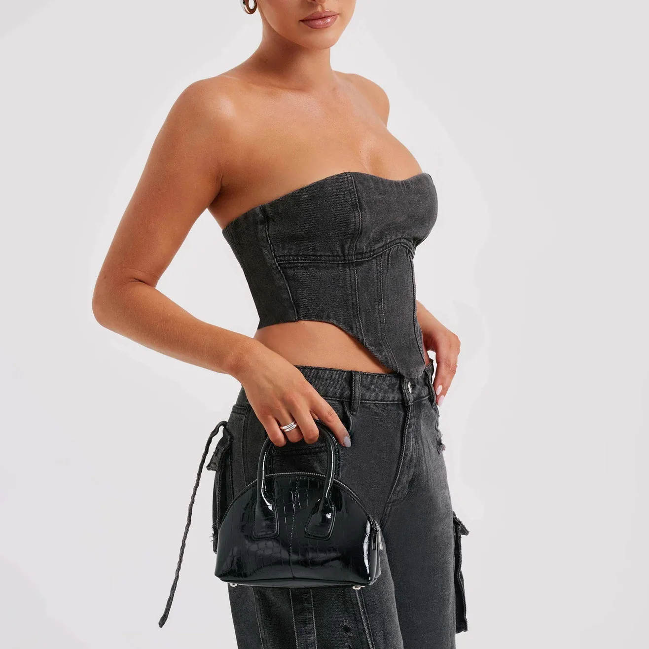 2024 New Style Loose Feeling Slimming Pants Low Waisted Pocket Splicing Jeans for Women's Autumn Denim Pant Top Set