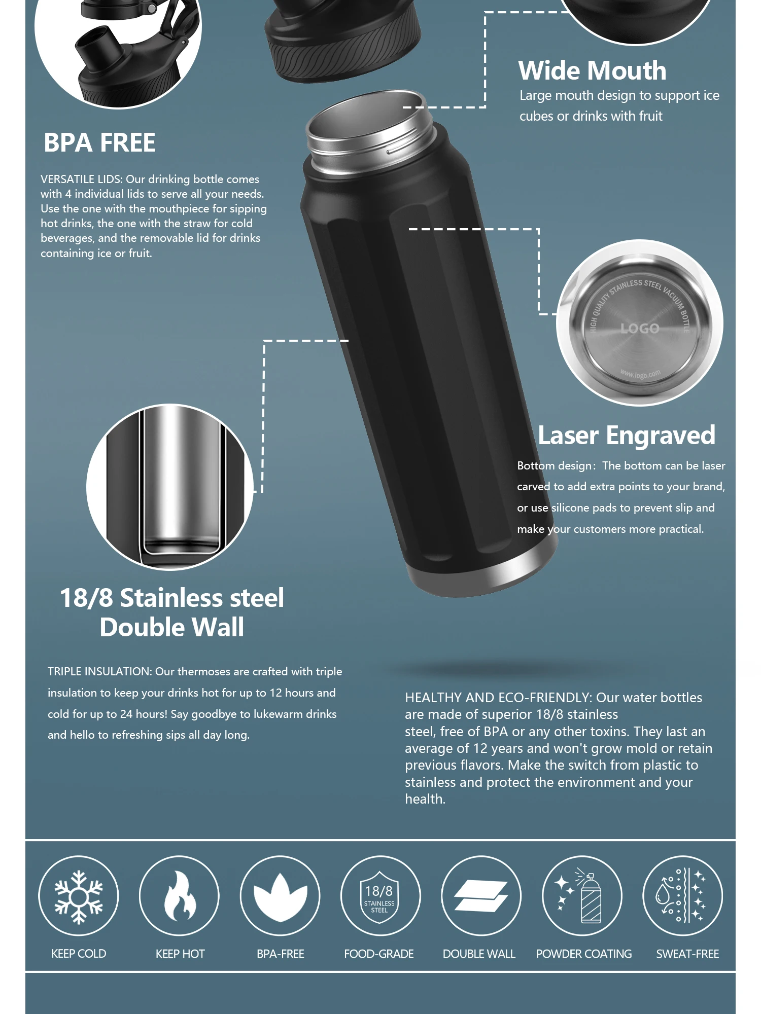 Promotion 18/24/32oz Double Wall Thermos Vacuum Flasks Stainless Steel