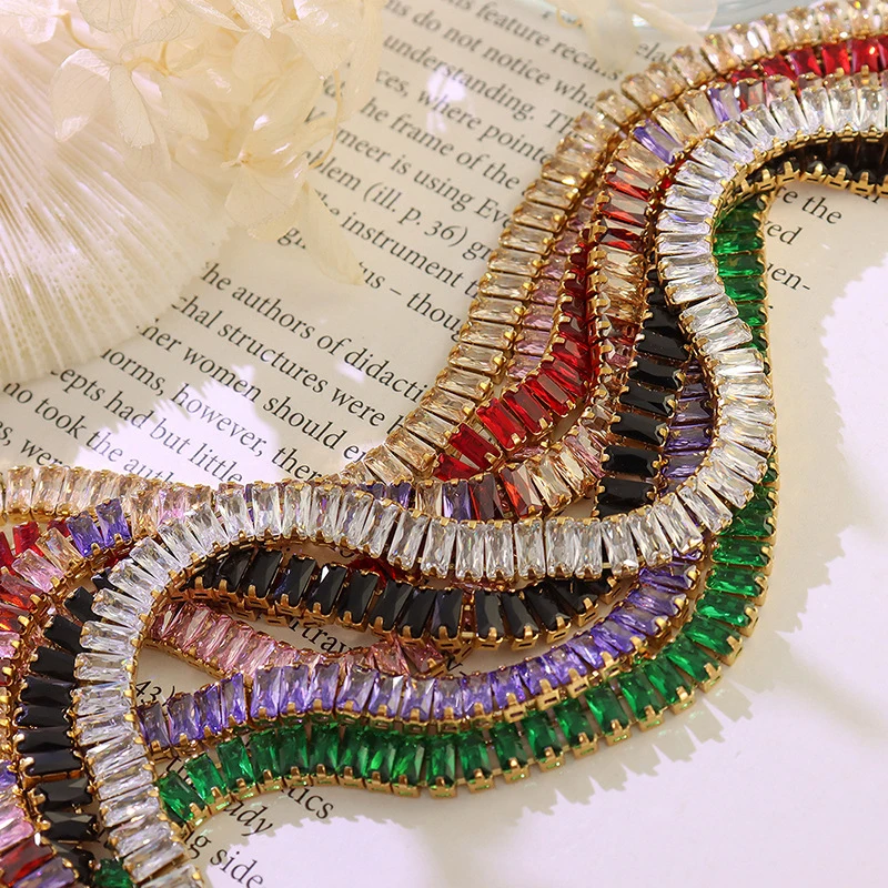 Luxury 18k Gold Plated Stainless Steel Iced Out Baguette Diamond Cubic Zirconia Tennis Chain Necklace Women Jewelry