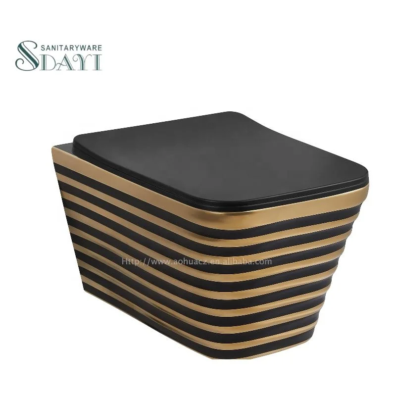 SDAYI Sanitary Ware Ceramic square Wall Mounted Golden Electroplated Toilet Seat Gold Hung Bowl India Style