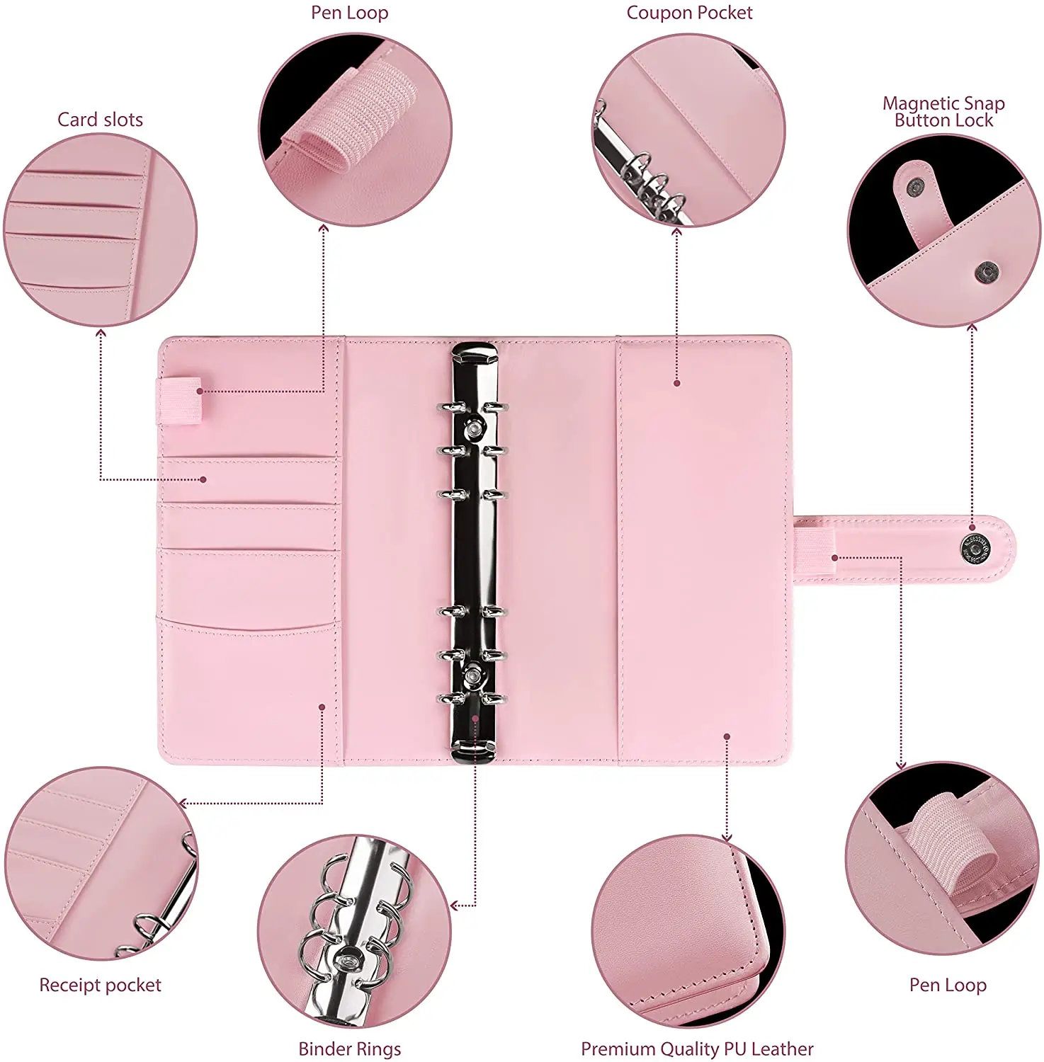 Wholesale Custom Budget Binder Cash Envelopes System A6 Pink Leather Binder with 6 Rings