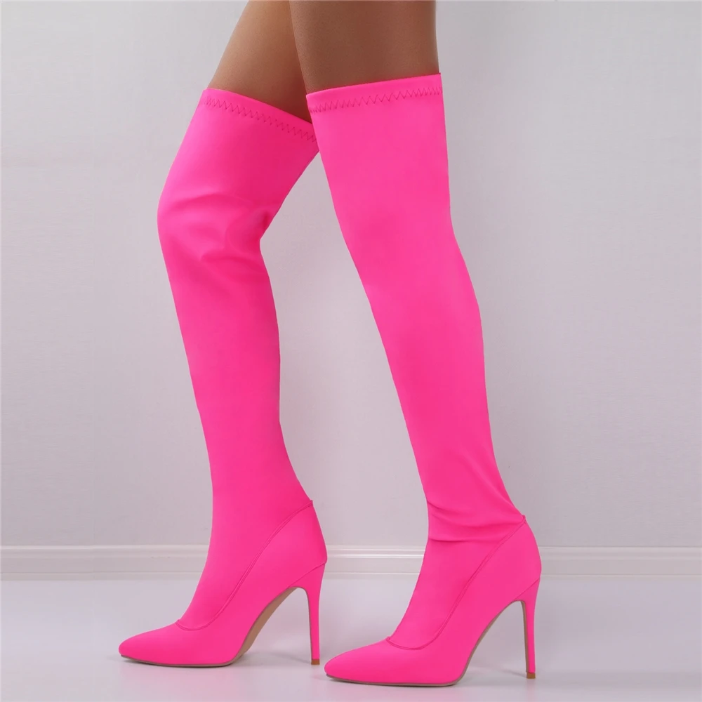 Hot Pink Botas Largas 11CM Western Style Tube Stocking Heel Plus Size Over  the Knee Thigh High Boots