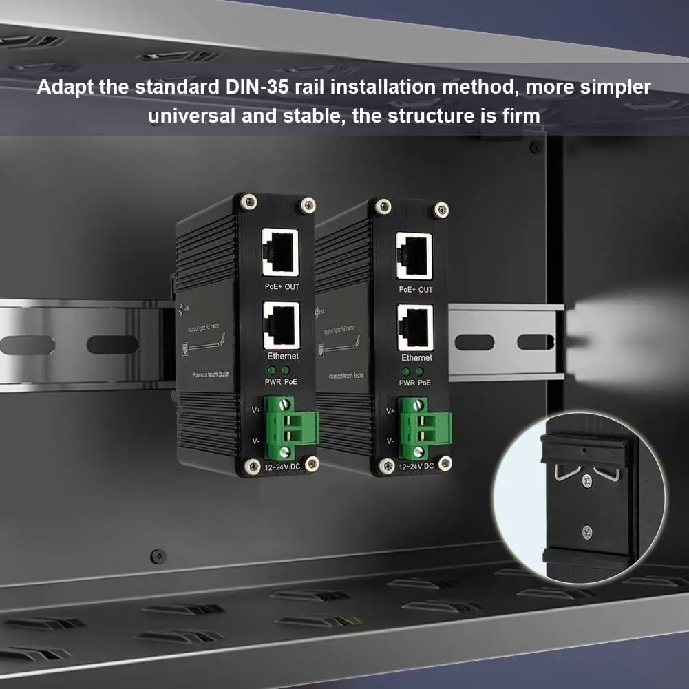 Industrial 60W PoE Injector Gigabit 10/100/1000Mbps Support 802.3af/at 12 to 48VDC Input