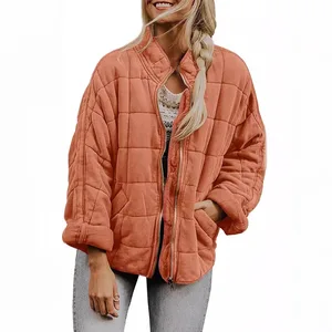2026 Women's Solid Color Stand up Collar Cotton Jacket Fashionable and Casual Loose Long Sleeve Pocket Coat