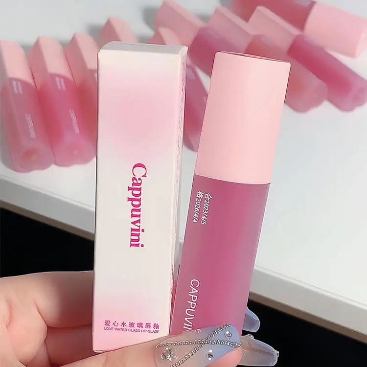 High Quality Pink Love Heart Design Lip Glaze Mirror Water Light Glass Transparent Lip Gloss Moisturizing Female Cute Lipstick