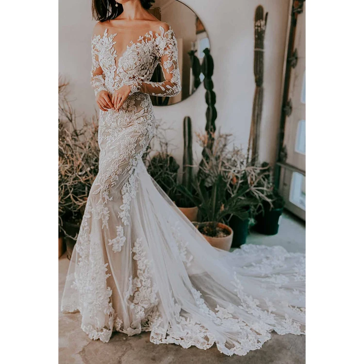 Tulle Perspective Flower White Long Trail Backless Mermaid Dresses Back  Short Front Plus Size Long Sleeve Russian Wedding Dress
