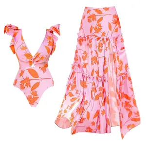 Wholesale 2024 New V-neck Orange Leaf Printed Print One Piece Beachwear Bathing Suit 2PCS Women Vacation Swimsuit and Skirt