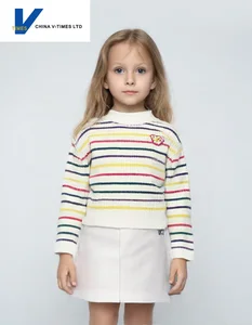 China V-Times 2026 Autumn New Long Sleeve Knitwear for Girls Stylish Korean Pullover Striped Base Sweater with Front Logo