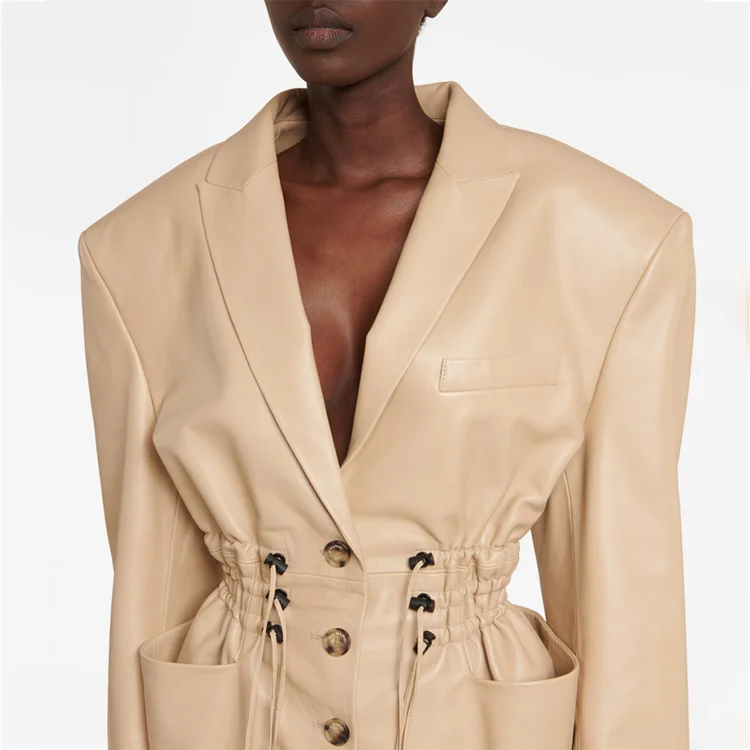 Wholesale Hourglass Drawstring Waist Tailored Soft Lightweight Women Leather blazer Jacket
