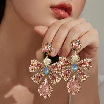 925 silver korean big bowknot flower rhinestone drop earrings women temperament earring jewelry