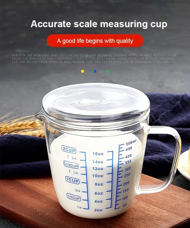 Great Choice Products Glass Measuring Cup with Lid, Graduated Beaker Mug with Handle, Borosilicate Glass V-Shaped Spout Microwave Safe Scales