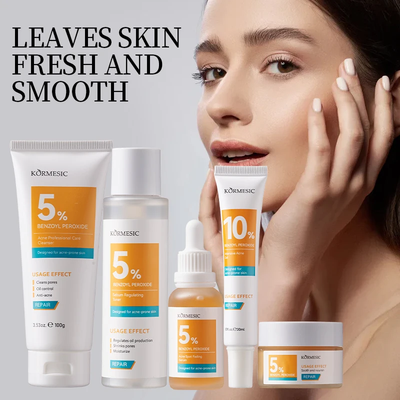 KORMESIC Wholesale Face Wash Soothing Facial Cream Anti Acne Spot Fading 5% Benzoyl Peroxide Skin Care Set