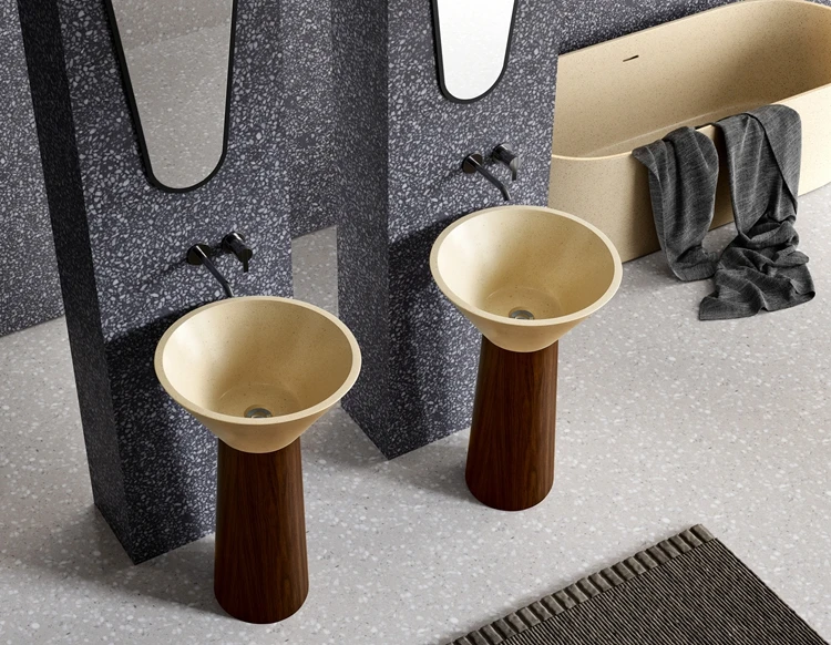 Bathroom Sink Stand Alone Cream Artificial Stone Wash Basin with Wood Grain Stainless Steel Pedestal Freestanding Wash Basin