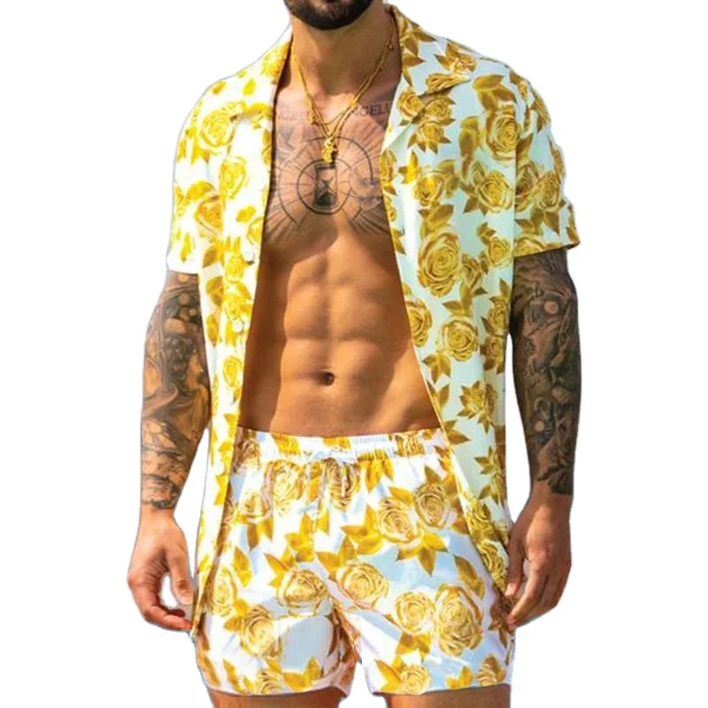 Summer 2024 Hawaiian Beach Style Print Men Fashion Vacation Shirt and Shorts Two Piece Set